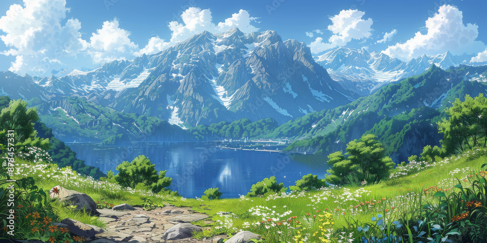 Fototapeta premium 紫陽花と青空に虹がかかる風景