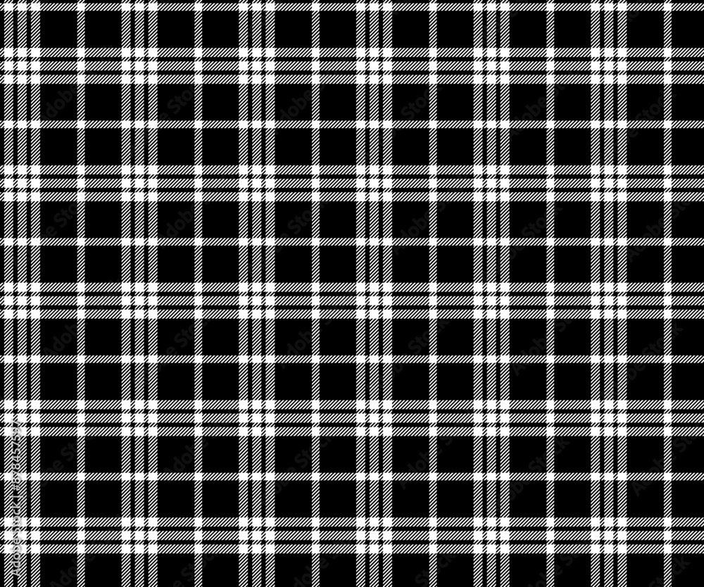 Fototapeta premium Plaid pattern, black, white, seamless for textiles and design clothing, skirts, pants, aprons, tablecloths, blankets or decorative fabrics. Vector illustration.