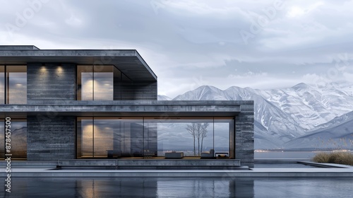 Modern, minimalist house with large windows overlooking a mountain range.