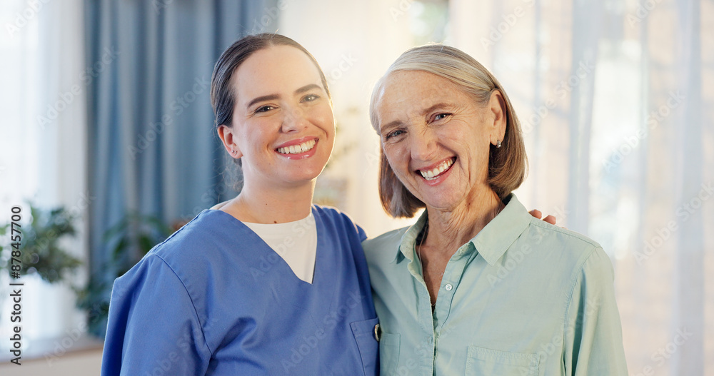 Portrait, senior woman and nurse with hug, caring and medical assistance for patient in retirement. Nursing home, old person and caregiver for support, embrace and trust with happiness for bonding Portrait, senior woman and nurse with hug, caring and medical assistance for patient in retirement. Nursing home, old person and caregiver for support, embrace and trust with happiness for bonding
