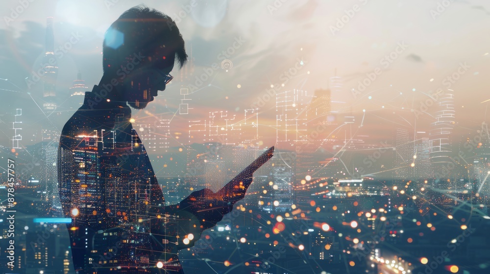Innovative cityscape: businessman using tablet in futuristic network