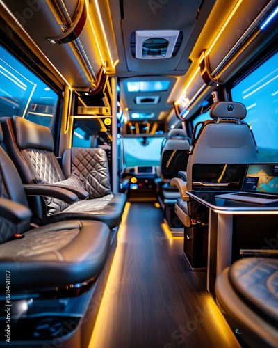 Modern luxury bus interior with leather seats, wooden floor, and ambient lighting.