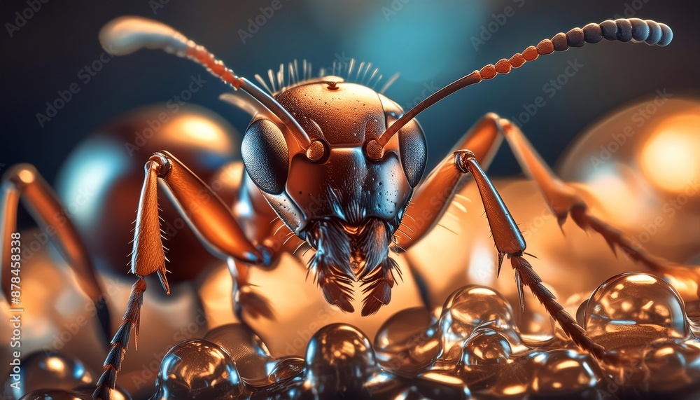 Fototapeta premium Observing an ant carefully navigating water droplets, emphasizing intricate details and unique lighting effects