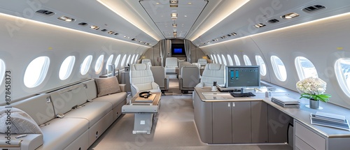 Luxurious private jet interior with comfortable seating and a spacious desk.