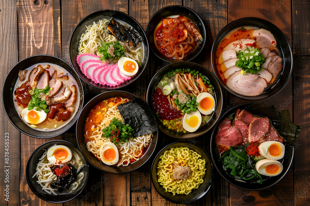 Assorted ramen bowls with different toppings, arranged on a wooden table, overhead composition, bright natural lighting, rustic background Assorted ramen bowls with different toppings, arranged on a wooden table, overhead composition, bright natural lighting, rustic background