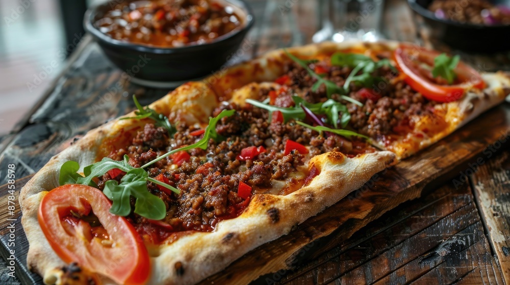 Close up of meat pizza half with salad and chili on rustic table Italian theme Close up of meat pizza half with salad and chili on rustic table Italian theme