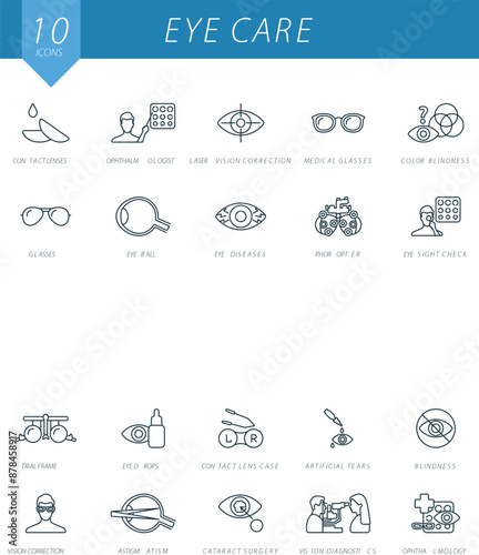 Eye care outline icons set. Creative icons: contact lenses, ophthalmologist, laser vision correction, medical glasses, color blindness, glasses, eyeball, eye diseases, phoropter, eyesight check.