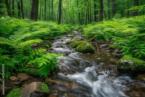 Stream meandering through rocks, dense forest environment, vibrant green vegetation, high detail, tranquil and picturesque,