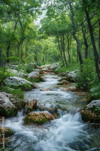 The stream flowing among rocks, lush forest, serene atmosphere,