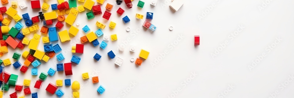 Fototapeta premium Colorful Plastic Building Blocks Scattered on White Background