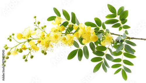 Blossoming acacia with leafs isolated on white background, Acacia flowers