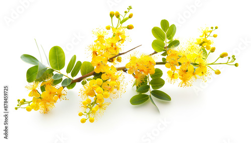 Blossoming acacia with leafs isolated on white background, Acacia flowers