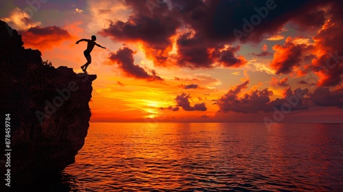 Silhouette of a person cliff diving into a vibrant ocean during a holiday