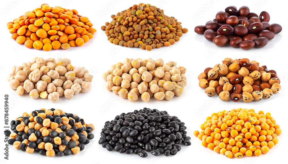 Collection set of Various dried kidney legumes beans, soybeans, lentils, chickpeas close up isolated on white background Collection set of Various dried kidney legumes beans, soybeans, lentils, chickpeas close up isolated on white background