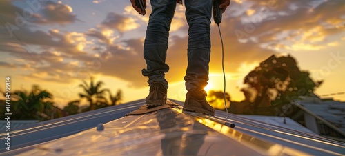 Roof repair, builder installing new roof, roofing tools, electric drill used on new sheet metal roof. Roofing - a builder stands on the roof and covers it with metal. 