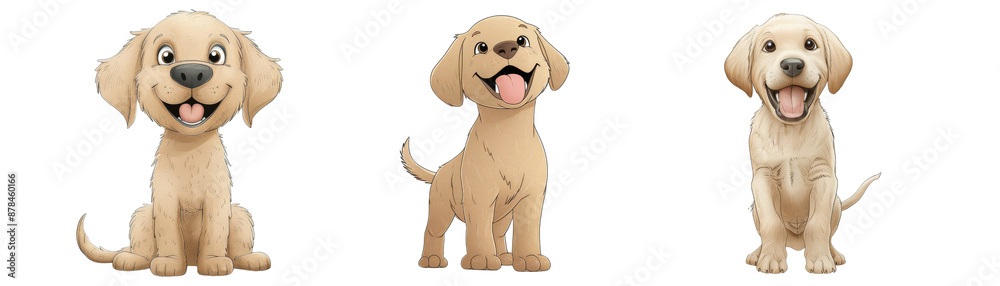 Three cartoon dogs are sitting and standing in a row Three cartoon dogs are sitting and standing in a row