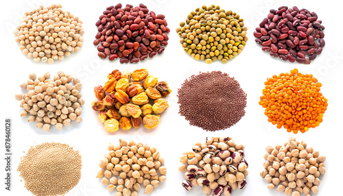 Collection set of Various dried kidney legumes beans, soybeans, lentils, chickpeas close up isolated on white background