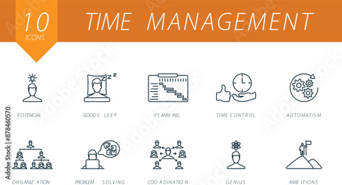 Time management outline icons set. Creative icons: potential, good sleep, planning, time control, automatism, organization, problem solving, coordination, genius, ambitions.