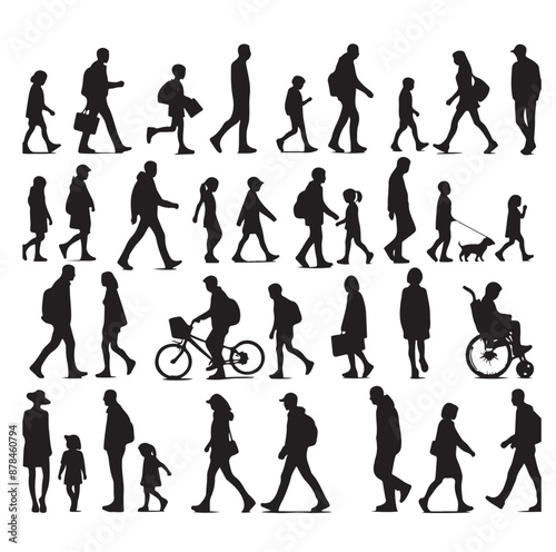 Set of Silhouette Walking People and Children. Illustration Vector 