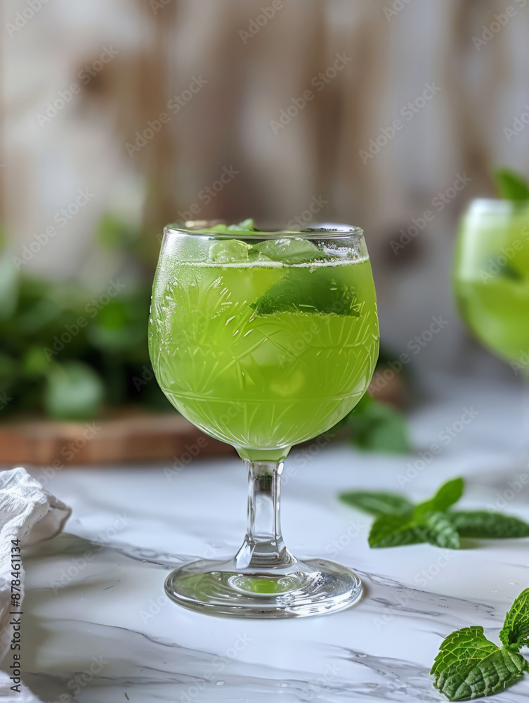 A refreshing green mojito cocktail in a decorative glass. A refreshing green mojito cocktail in a decorative glass.