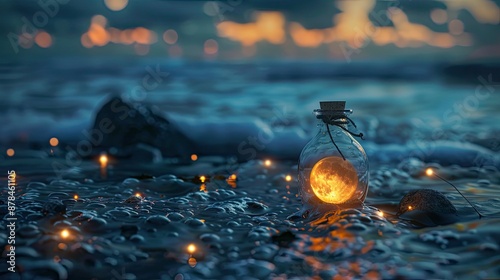 miniture landscape, photorealisite glowing moon in a bottle, on a beach, mystical fairy lights,  photo