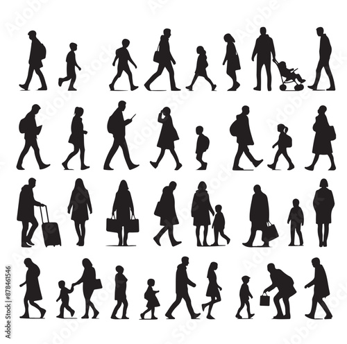 Set of Silhouette Walking People and Children. Illustration Vector 