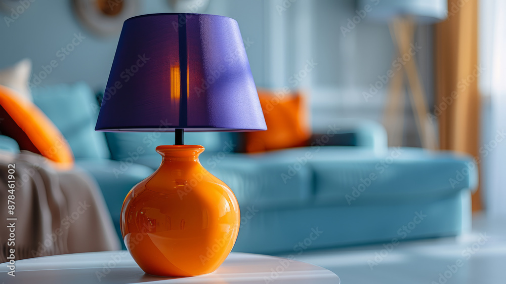 Orange lamp with purple lampshade in a modern living room. Orange lamp with purple lampshade in a modern living room.