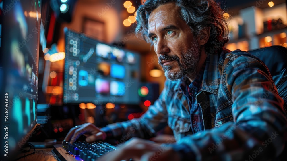 This image shows a person working intensely on their computer, surrounded by artistic and colorful lighting, indicating a modern and creative workspace environment. This image shows a person working intensely on their computer, surrounded by artistic and colorful lighting, indicating a modern and creative workspace environment.