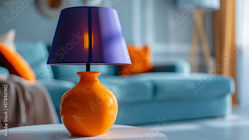 Orange lamp with purple lampshade in a modern living room.