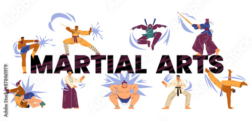 Vector illustration of dynamic martial arts. Collection on isolated background.