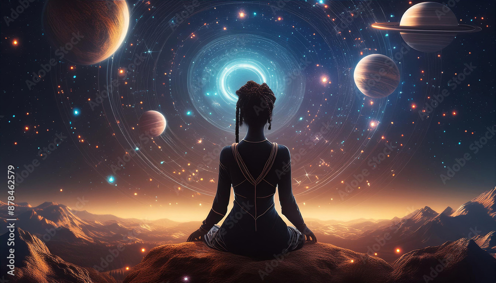 A figure meditates in a cosmic space with swirling planets, stars, and galaxies. Mystical and surreal atmosphere. A figure meditates in a cosmic space with swirling planets, stars, and galaxies. Mystical and surreal atmosphere.
