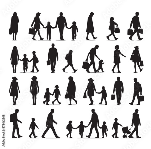 Set of Silhouette Walking People and Children. Illustration Vector 