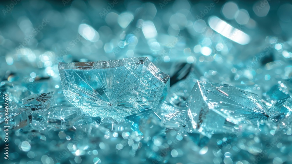 A high-resolution focused image of broken glass pieces, showcasing their clear and sparkly nature, with intricate details and light reflections making them stand out. A high-resolution focused image of broken glass pieces, showcasing their clear and sparkly nature, with intricate details and light reflections making them stand out.