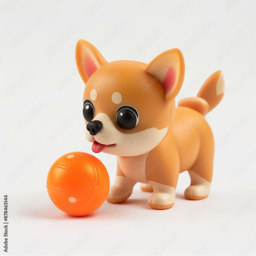 tiny cute dog playing ball cartoon animal toy character isolated on white background tiny cute dog playing ball cartoon animal toy character isolated on white background