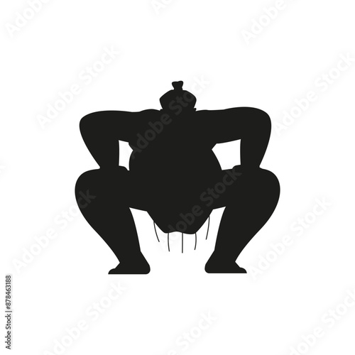 Sumo wrestler standing in crouch stance vector black silhouette, fighting Japanese traditional martial art, combat sport