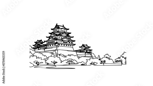 ancient japanese castle one line illustration
