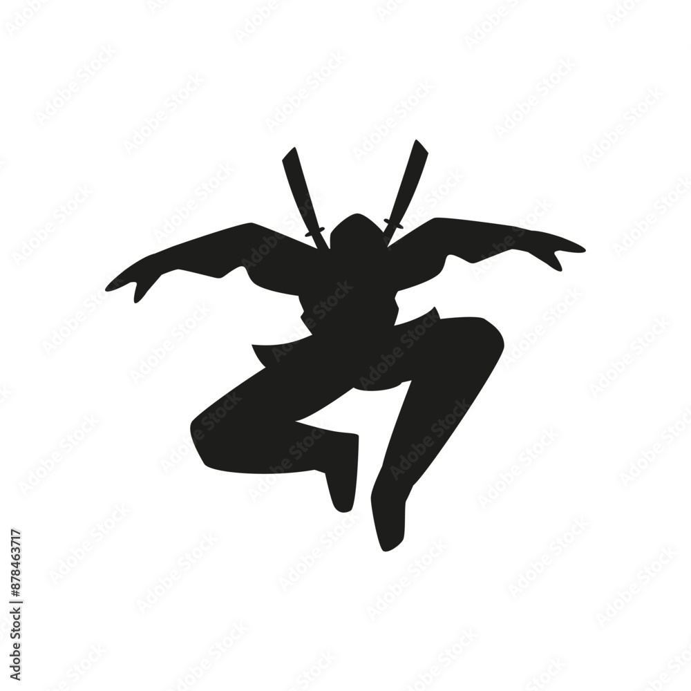 Ninja man warrior with sword jumping attack vector black silhouette, Japanese fighter, ninjutsu martial art practice Ninja man warrior with sword jumping attack vector black silhouette, Japanese fighter, ninjutsu martial art practice