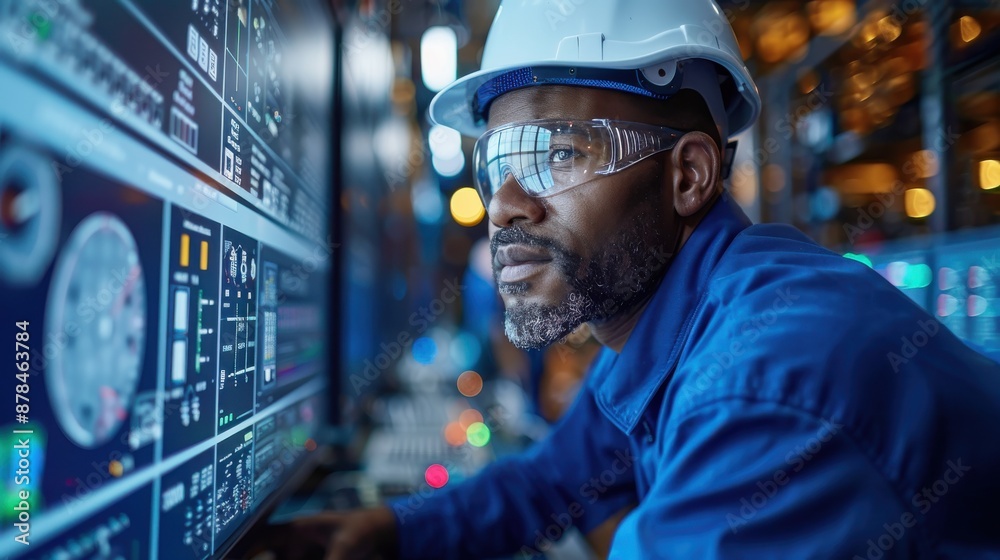 A technician wearing a white hard hat and blue uniform operates a control panel in a technologically advanced facility, focusing intently on various data and system controls in an industrial setting. A technician wearing a white hard hat and blue uniform operates a control panel in a technologically advanced facility, focusing intently on various data and system controls in an industrial setting.
