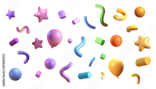 Party clappers confetti 3d vector, shapes. Birthday or carnival fireworks or popper paper streamers, star and elements for greeting design. Different colors, celebration.