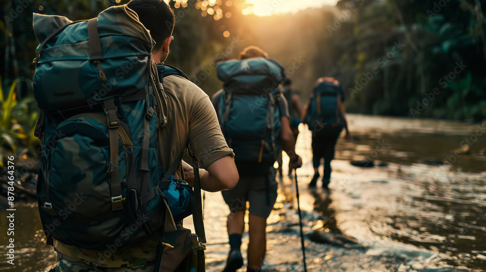 Adventurers with backpacks trekking through a dense rainforest, crossing a shallow river during sunset.