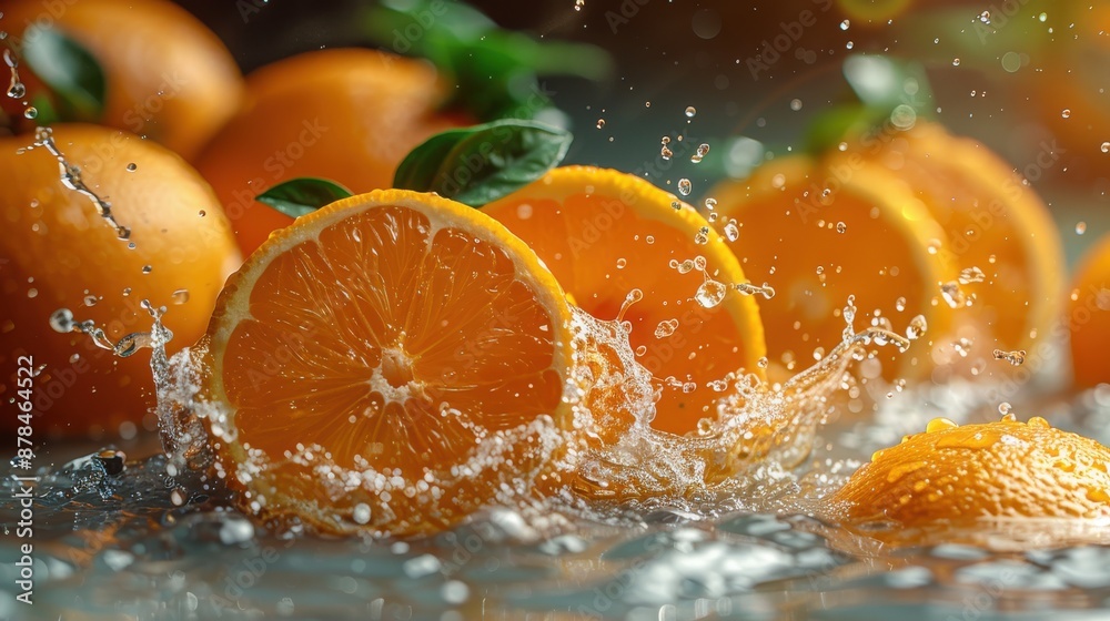 A high-definition image capturing whole and sliced oranges with water splashing around them, conveying a feeling of utmost freshness, juicy textures, and thirst-quenching vitality. A high-definition image capturing whole and sliced oranges with water splashing around them, conveying a feeling of utmost freshness, juicy textures, and thirst-quenching vitality.