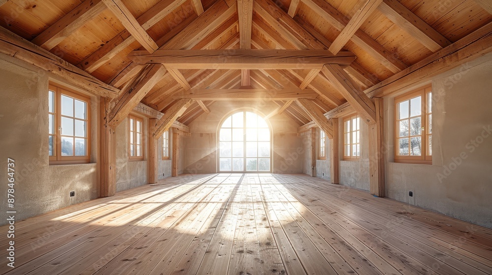 A beautifully sunlit attic room featuring wooden beams and floors, with large windows allowing golden sunlight to flood the serene, open space, perfect for relaxation. A beautifully sunlit attic room featuring wooden beams and floors, with large windows allowing golden sunlight to flood the serene, open space, perfect for relaxation.