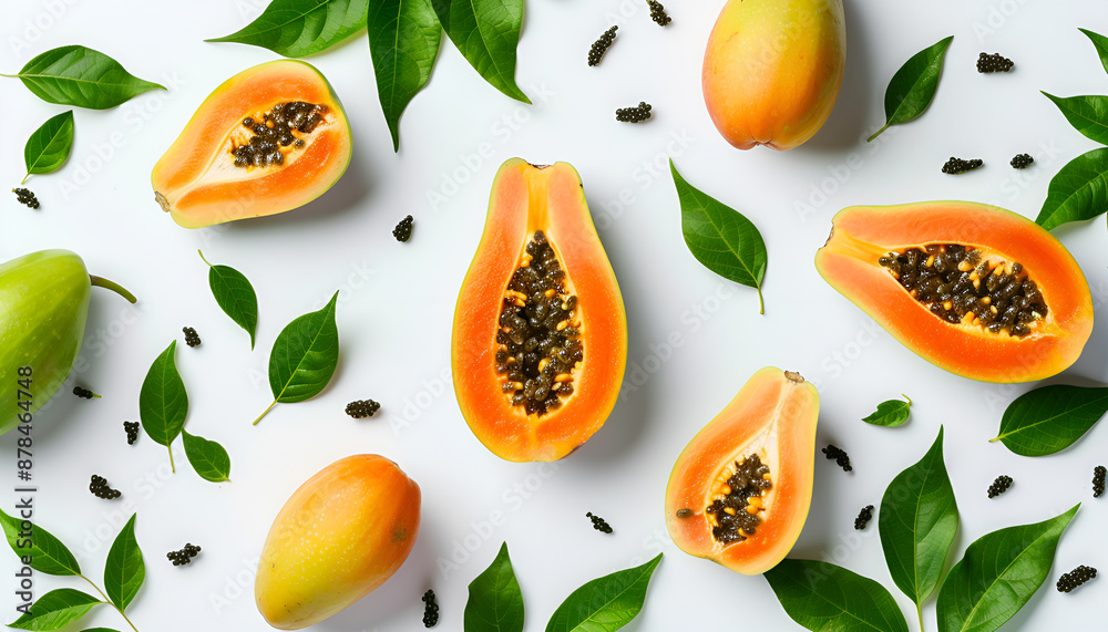 ripe, half and slice papaya and leaves isolated on a white background. Top view. Flat lay ripe, half and slice papaya and leaves isolated on a white background. Top view. Flat lay