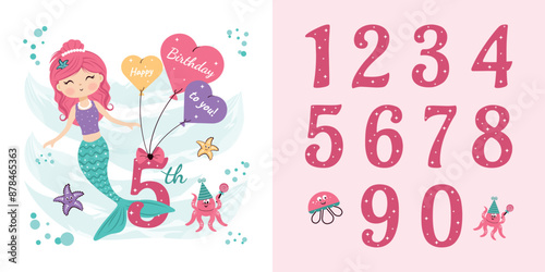 A greeting card with a picture of a mermaid, balloons, marine life and a set of festive numbers.