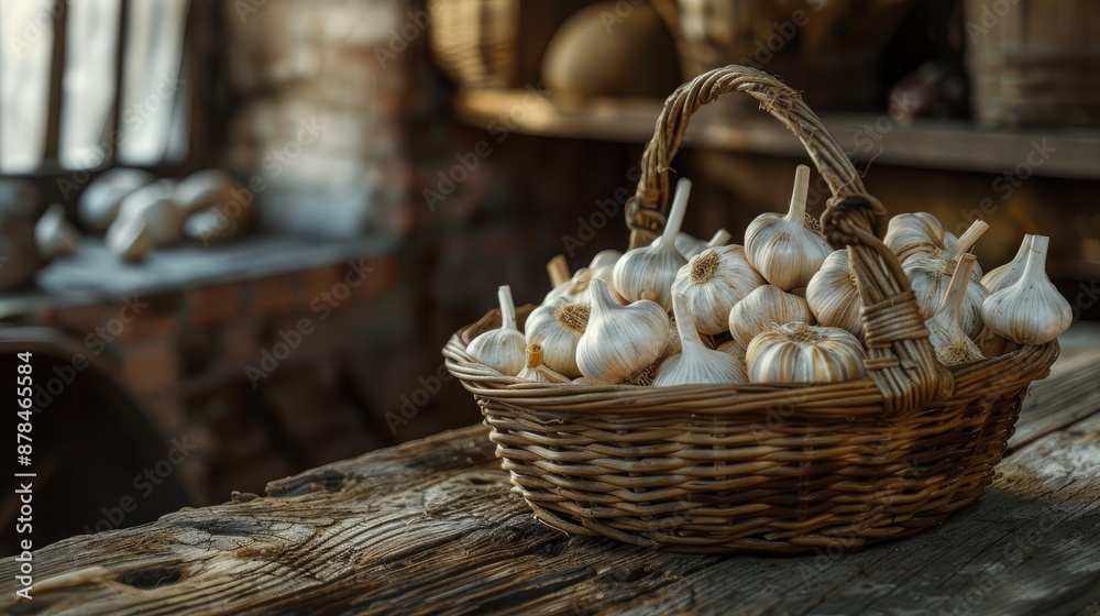 Garlic basket displayed on old wooden table Garlic basket displayed on old wooden table