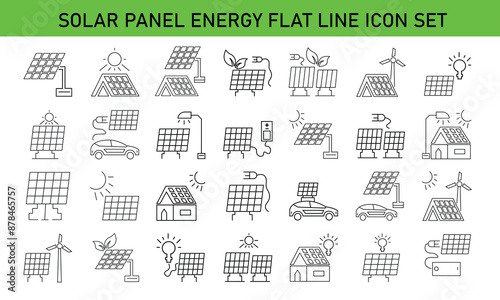 Solar panel energy flat thin line editable icon set vector design
