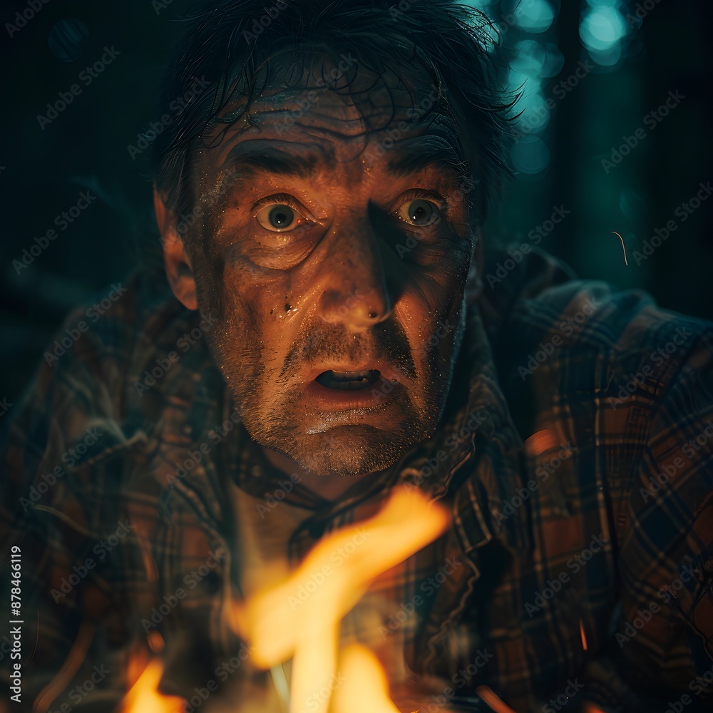 Intense Ghost Storytelling: Close-up of a Spooky-faced Storyteller by the Campfire Intense Ghost Storytelling: Close-up of a Spooky-faced Storyteller by the Campfire