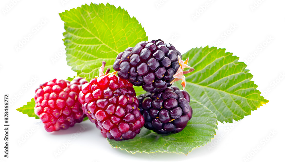 Mulberry berry with leaf isolated on white background macro Mulberry berry with leaf isolated on white background macro