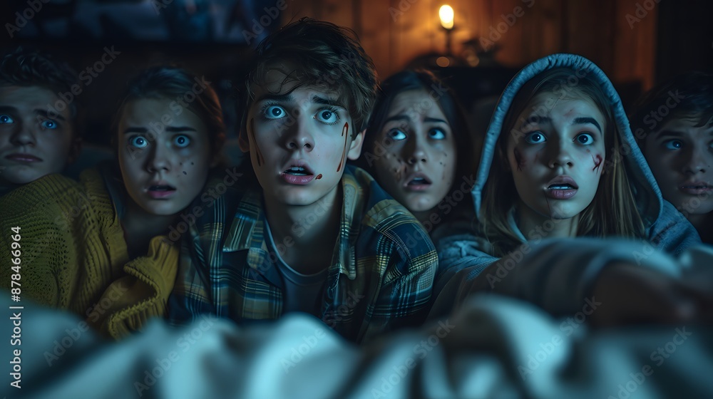 Obraz premium Intense Reactions: Friends Watching a Horror Movie Jump Scare