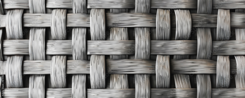 Close up of interwoven grey wooden strips in a wicker pattern Close up of interwoven grey wooden strips in a wicker pattern